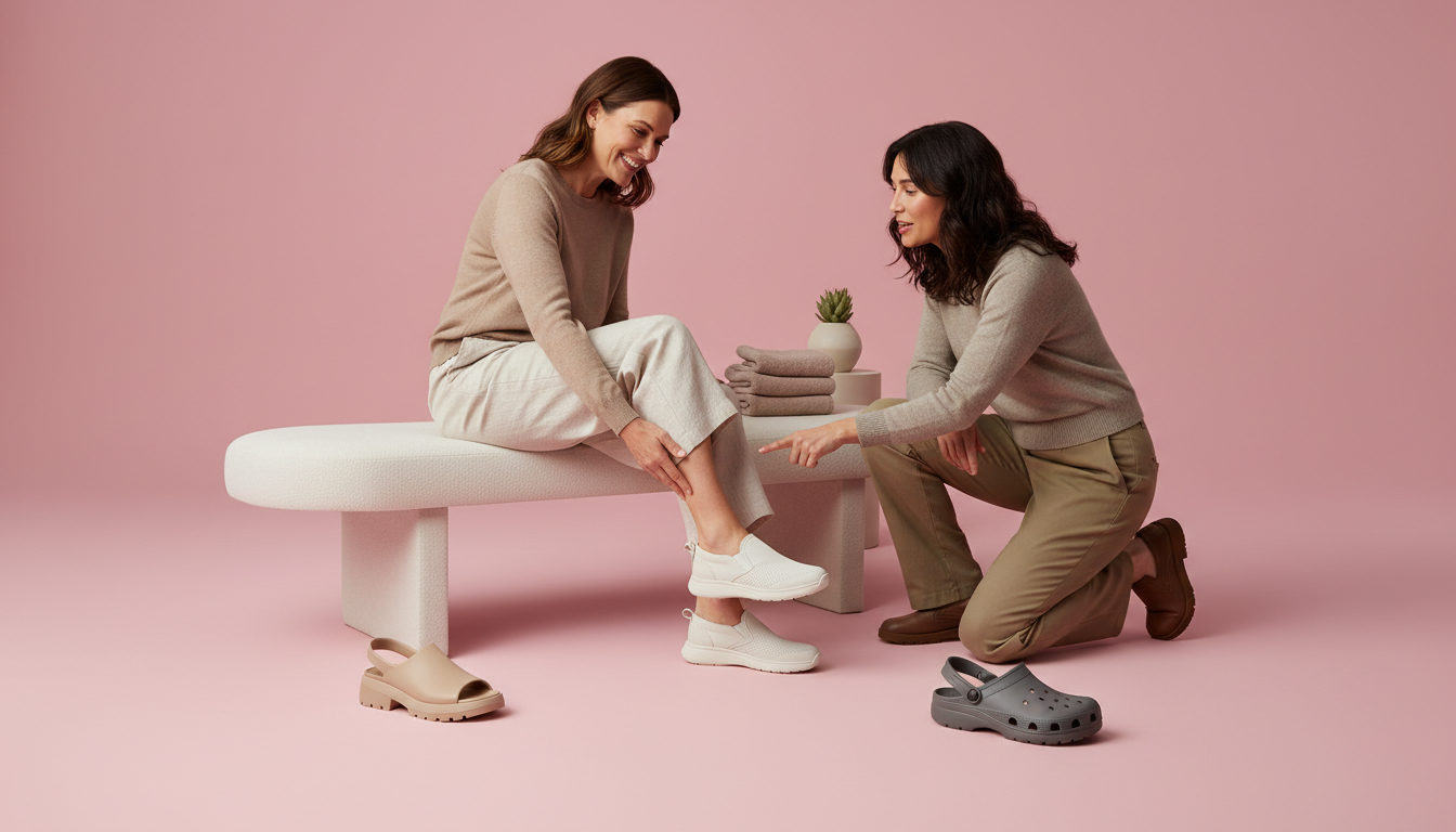 Two adults compare easy-on shoe styles in a seamless pink studio, with clogs, slides, and walking shoes visible.