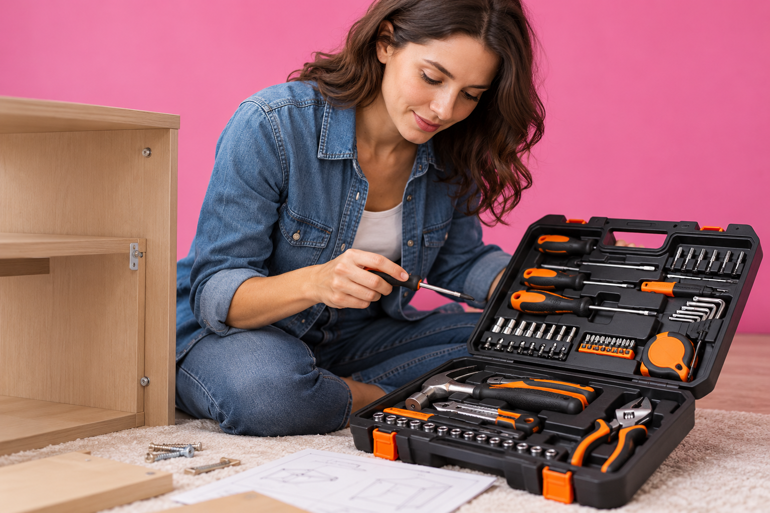 A woman in denim selecting the correct screwdriver from organized manual tool kit to tighten furniture hardware.