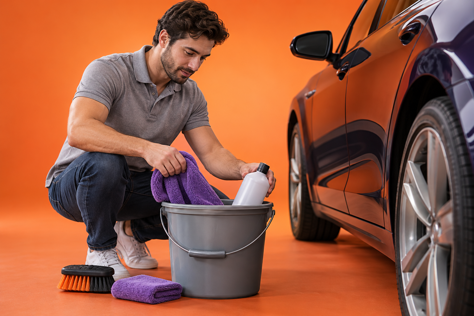A man in a gray polo selecting a small car-cleaning kit of microfiber cloth, bucket and plain bottle beside car panel.