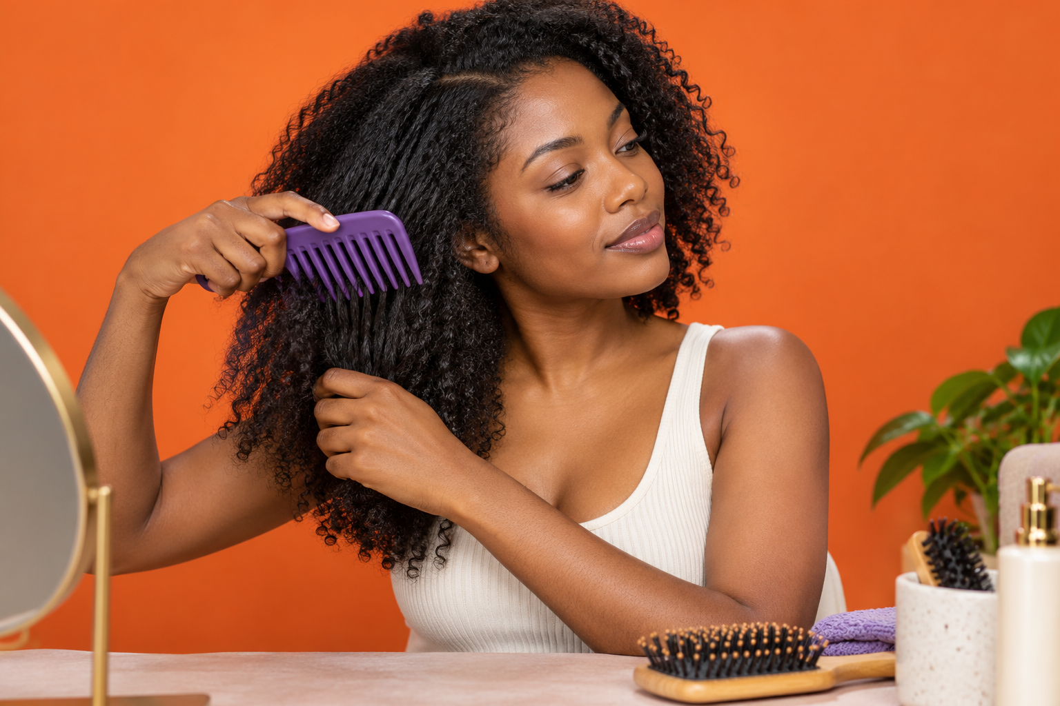 A Black woman gently detangling natural hair with a wide-tooth comb, alternative brush on vanity.
