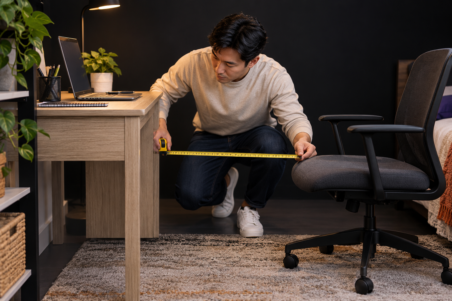 A young Asian man measuring chair clearance at a compact desk with laptop and notebook.