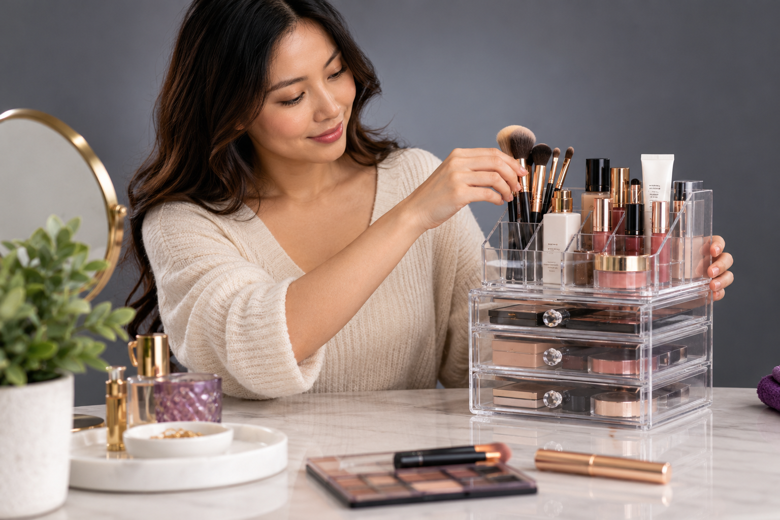 An Asian woman arranging brushes and everyday containers into clear makeup organizer at vanity.