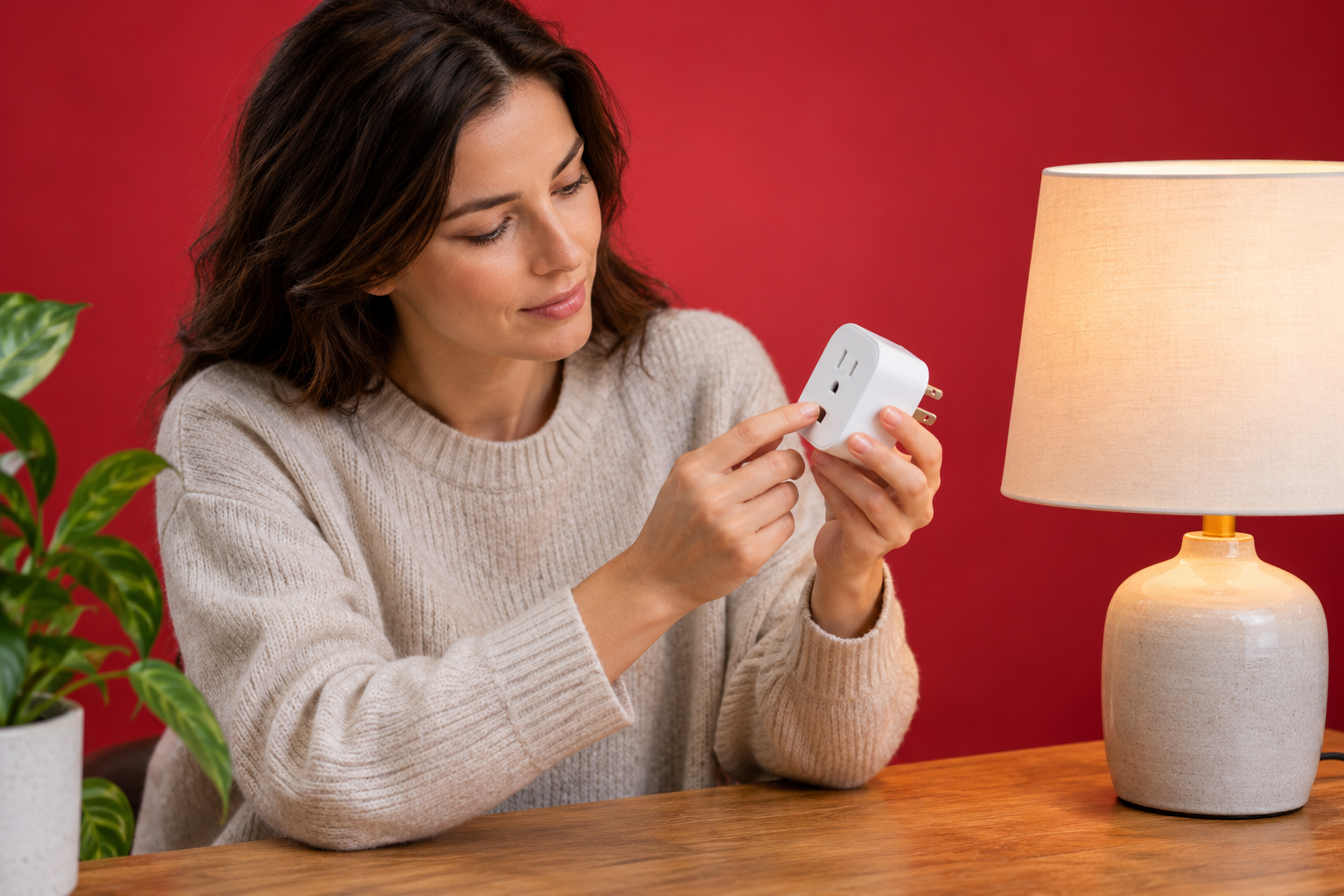 Adult examining a disconnected generic smart plug beside ordinary table lamp before installation.