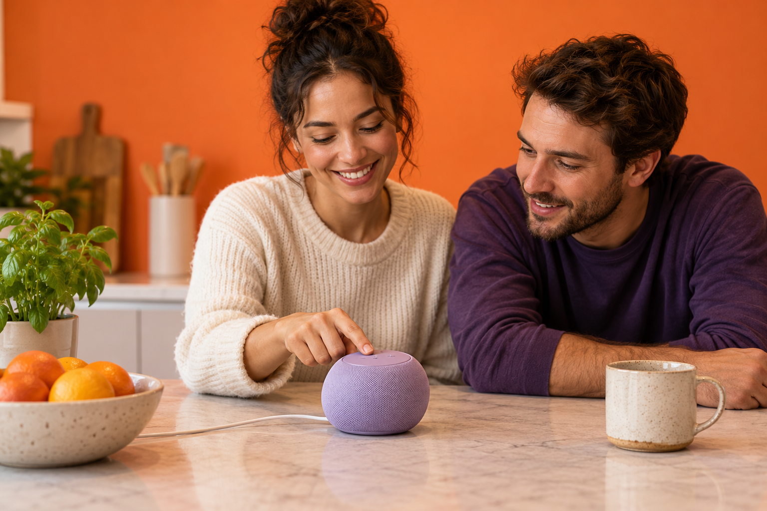 Two household members using physical controls on a compact generic smart speaker on kitchen-style counter.