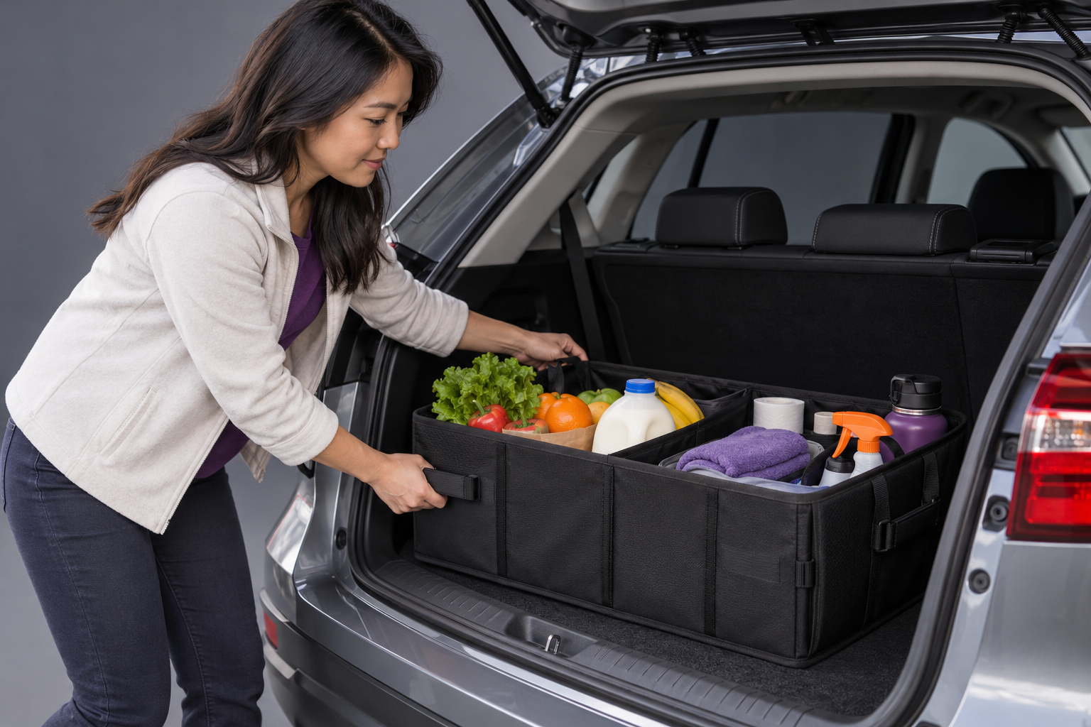 An Asian woman in a light jacket fitting a divided fabric organizer into a hatchback trunk, restrained groceries.