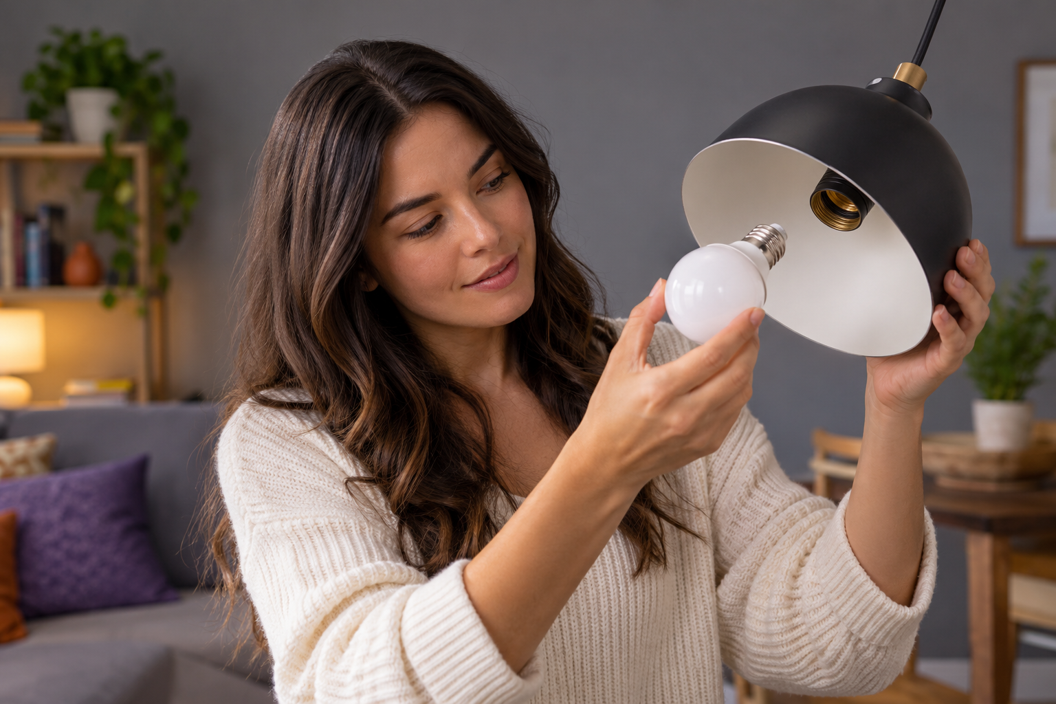 Adult comparing bulb base to disconnected lamp fixture, soft lit household set behind.