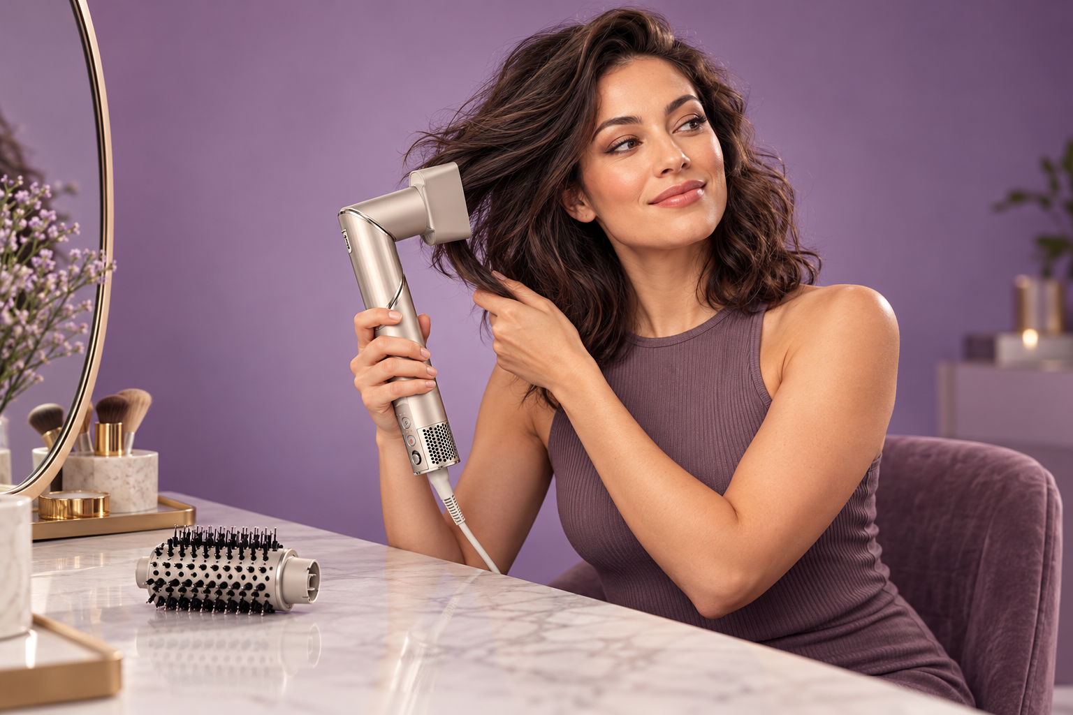 Woman drying a section of hair with a champagne multi-styler at a vanity in a purple studio.