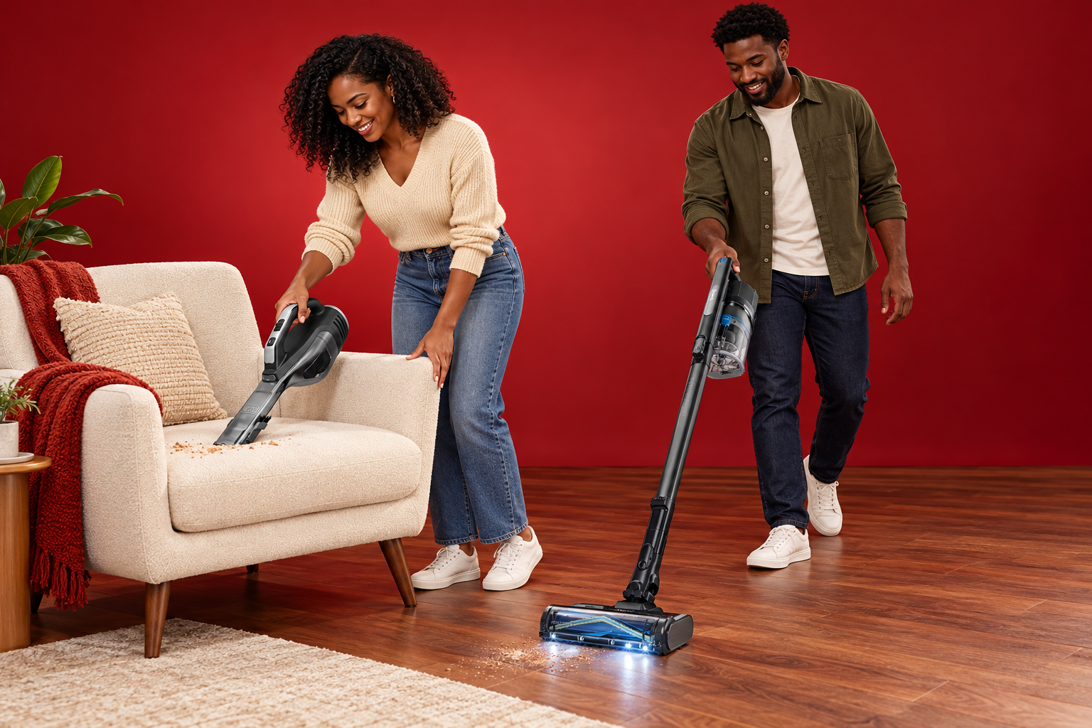 Two adults cleaning an upholstered chair and a wood floor with handheld and stick vacuums.
