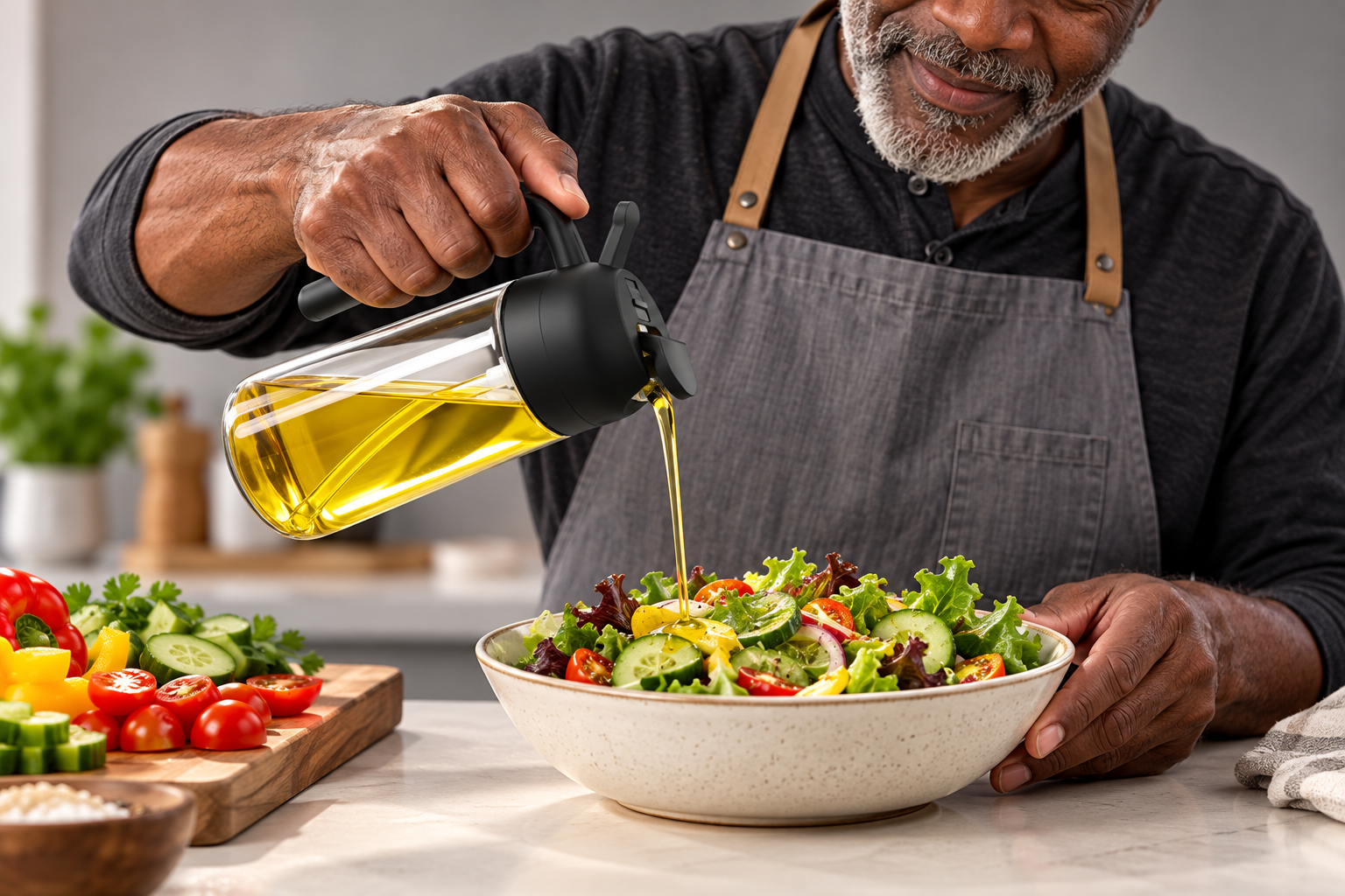 Man pouring oil from a black handled glass dispenser onto a salad.