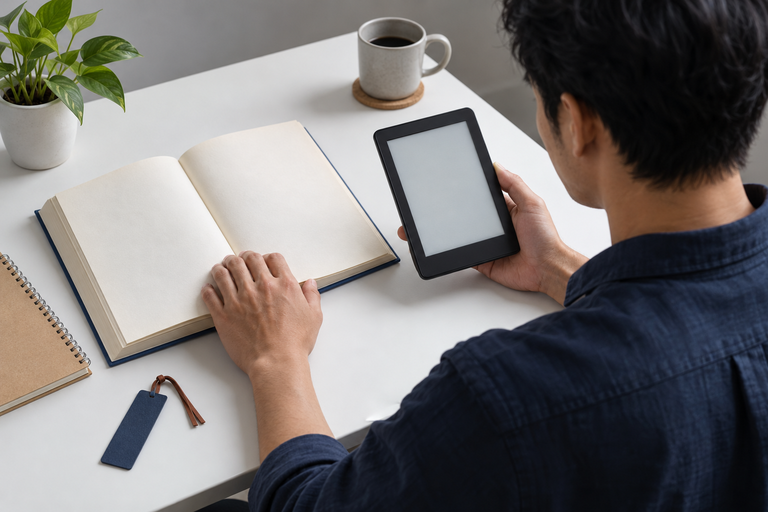 A reader compares an open generic hardcover and an e-reader at a desk in a gray studio.