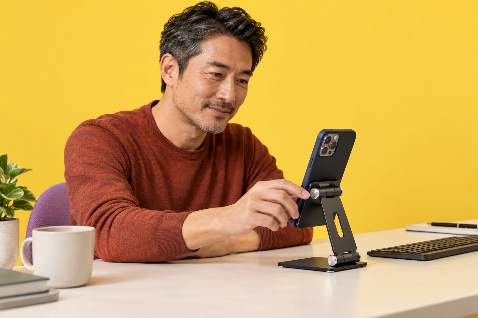 A man adjusts a folding black phone stand on a desk against a yellow studio background.