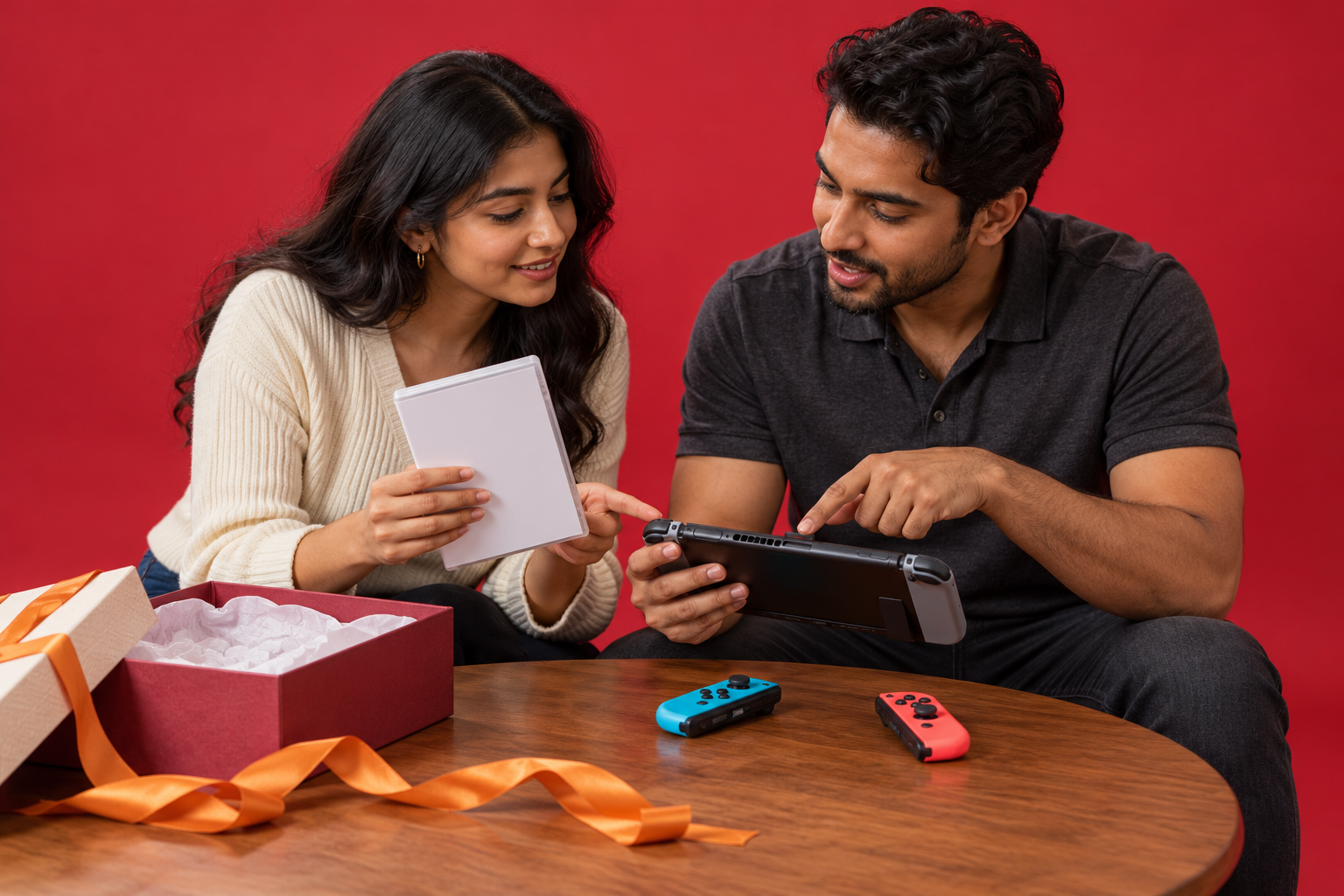 Two adults compare a physical game case with a handheld console beside an open gift box in a red studio.