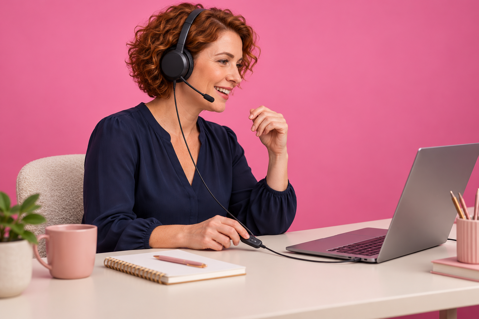 A woman uses a wired headset with boom microphone and inline controls at a laptop in a pink studio.